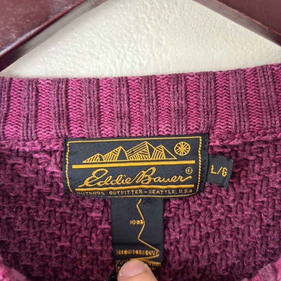 Vintage Eddie Bauer Chunky Knit Sweater In Burgundy 100% Cotton Women’s Sz Large - Picture 4 of 5